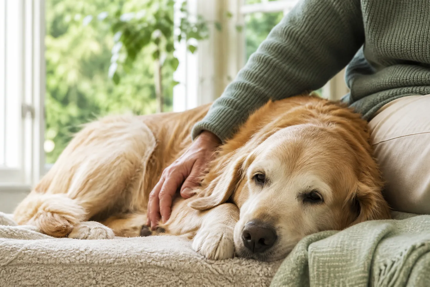 Ældre hund hviler roligt tæt ved sin ejer i et lyst hjem