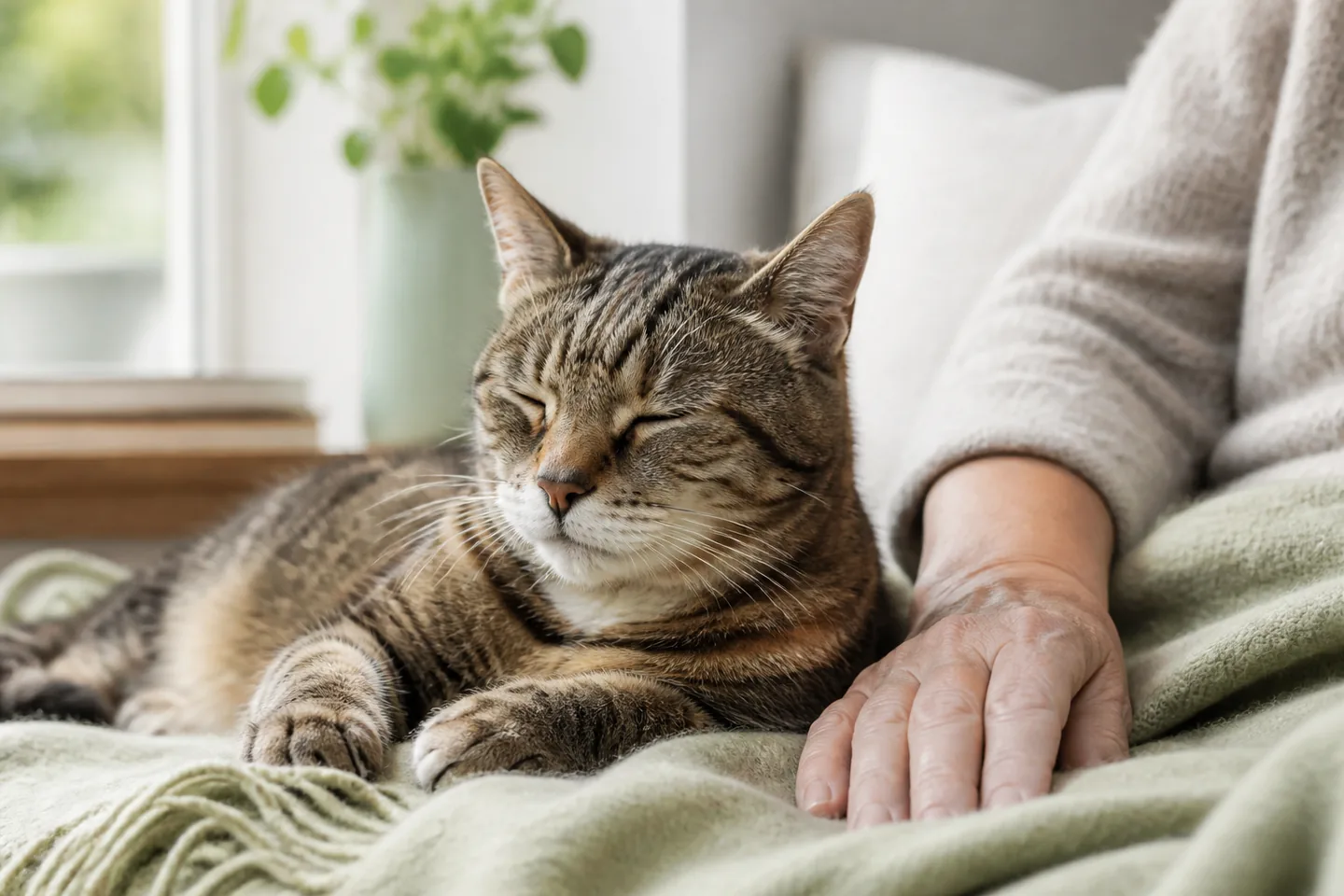 Ældre kat hviler roligt tæt ved sin ejer i et lyst hjem