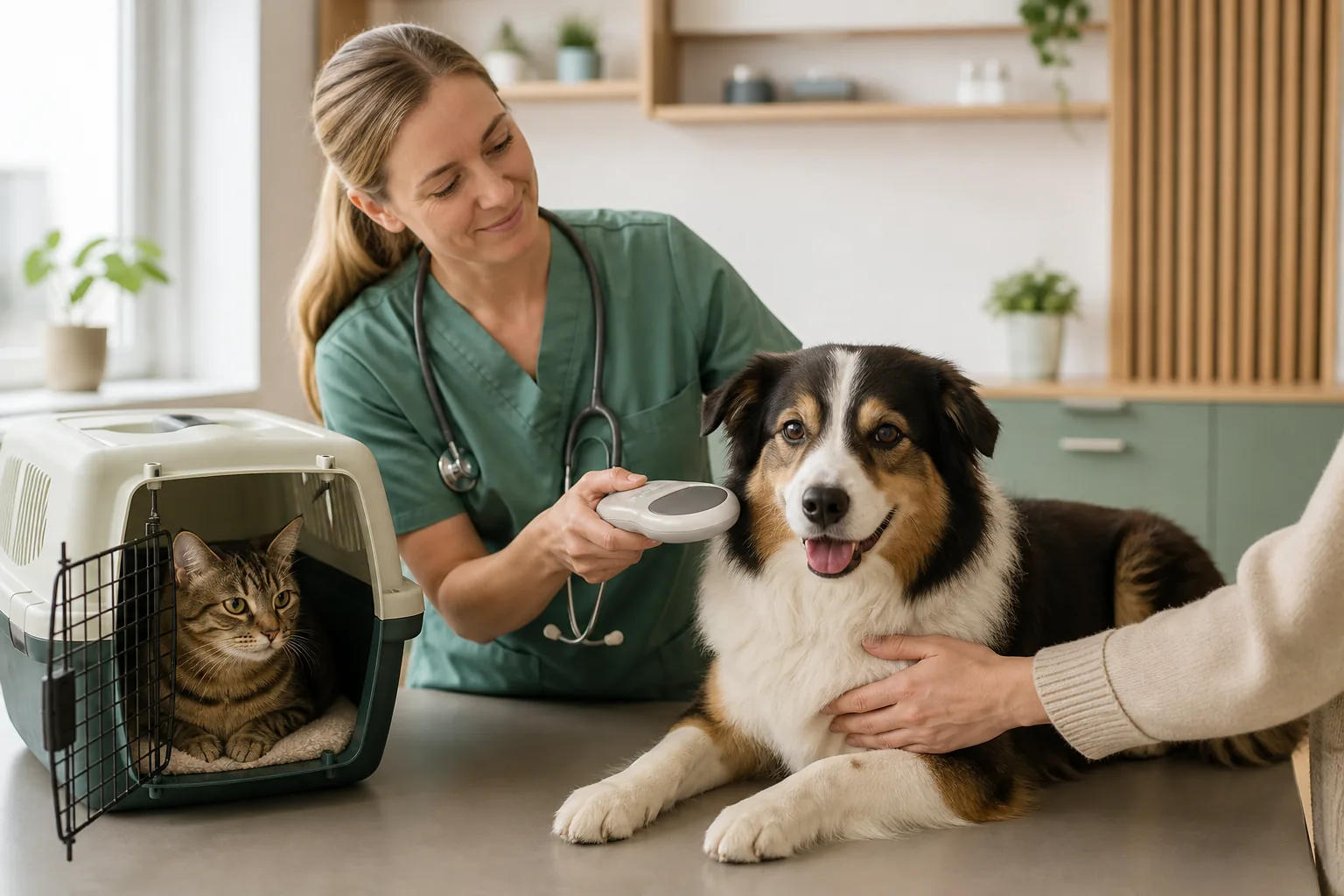 Dyrlæge aflæser mikrochip på en rolig hund, mens en kat sidder i sin åbne transportkasse