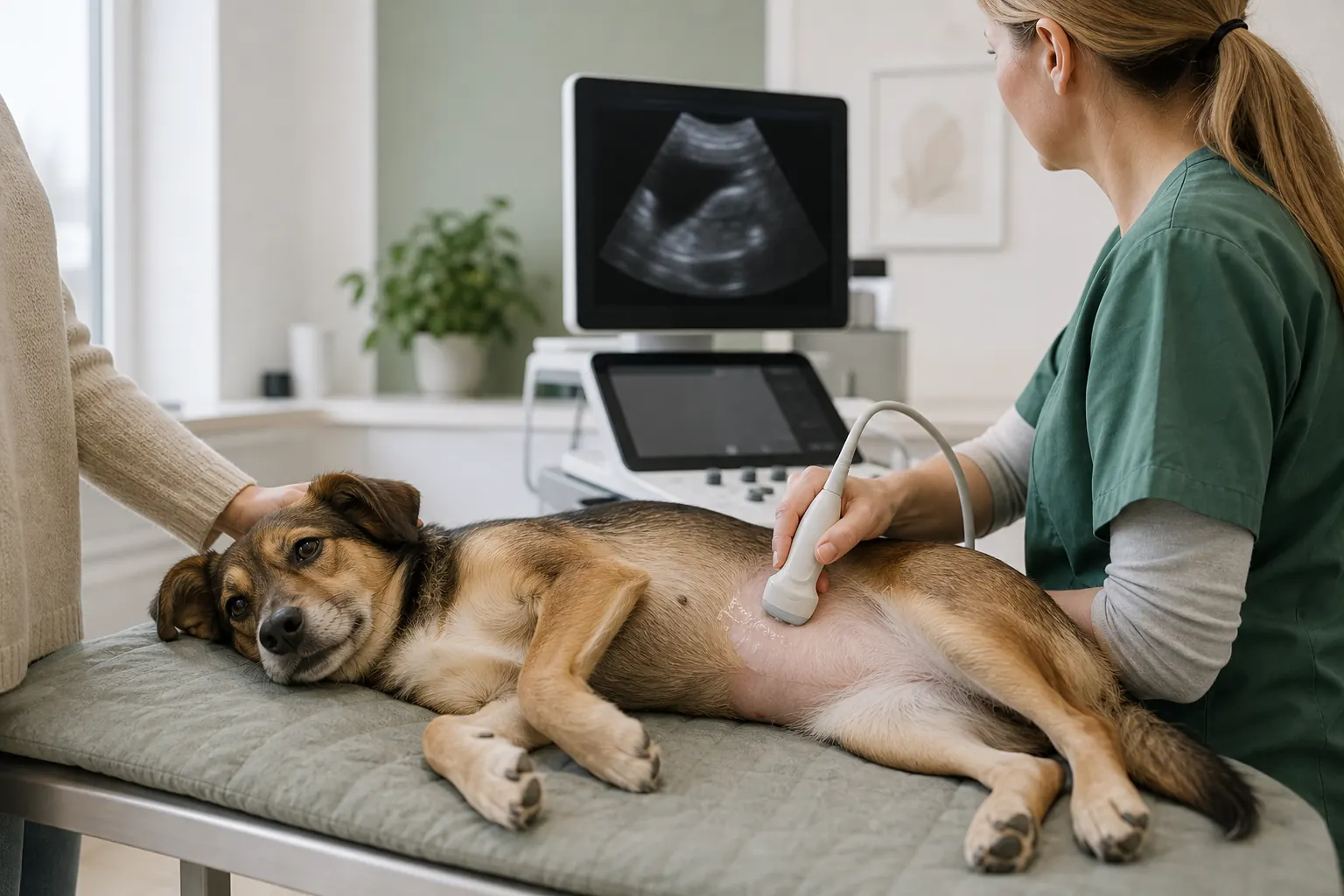 Dyrlæge foretager en rolig ultralydsscanning af en hunds bug