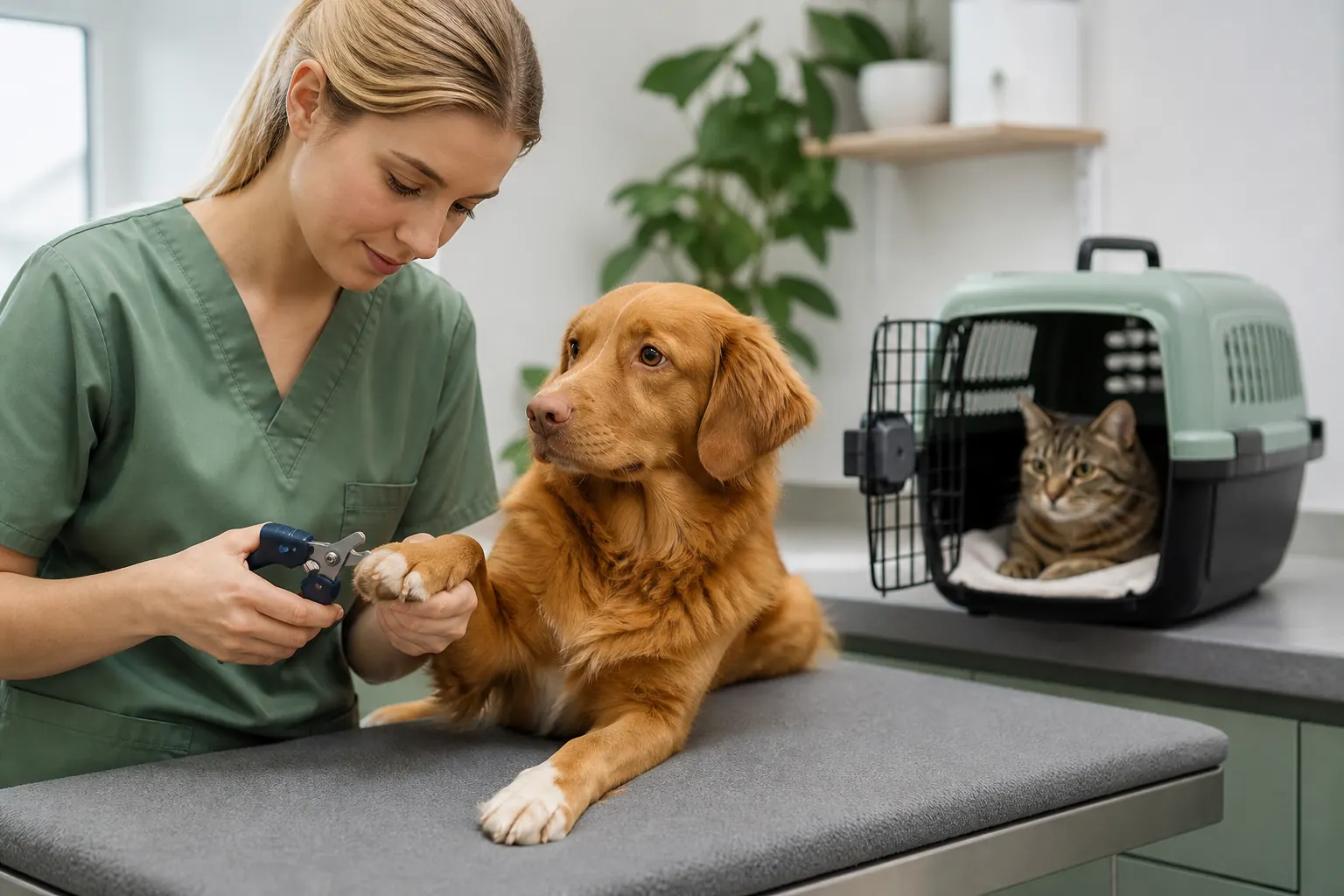 Veterinærsygeplejerske klipper forsigtigt en hunds klo, mens en rolig kat venter i sin transportkasse