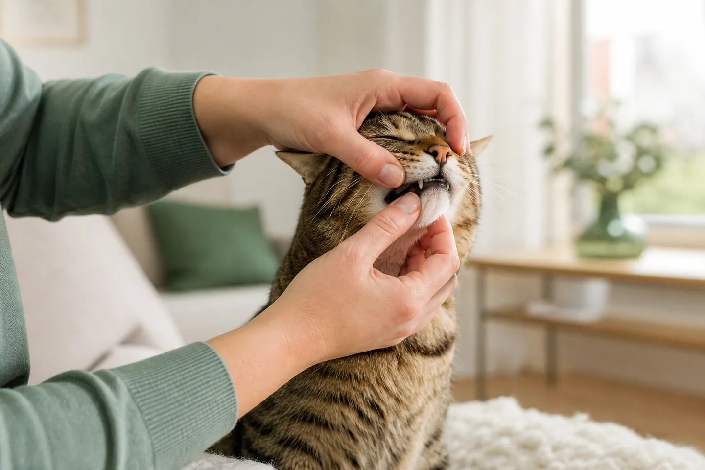 Rolig kat får forsigtigt set på fortænderne i et lyst hjem