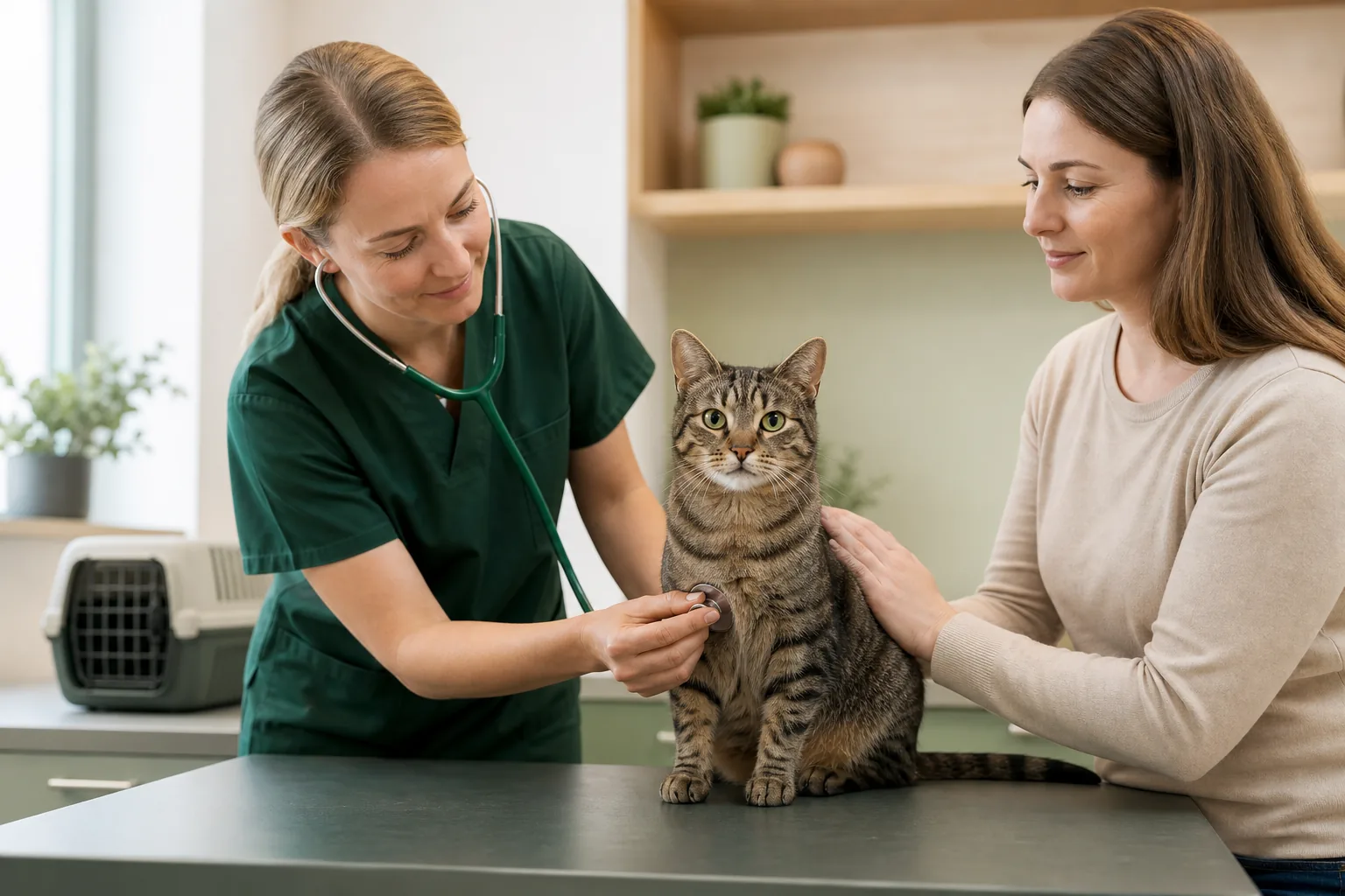 Rolig kat får lyttet på hjerte og lunger før vaccination hos dyrlægen